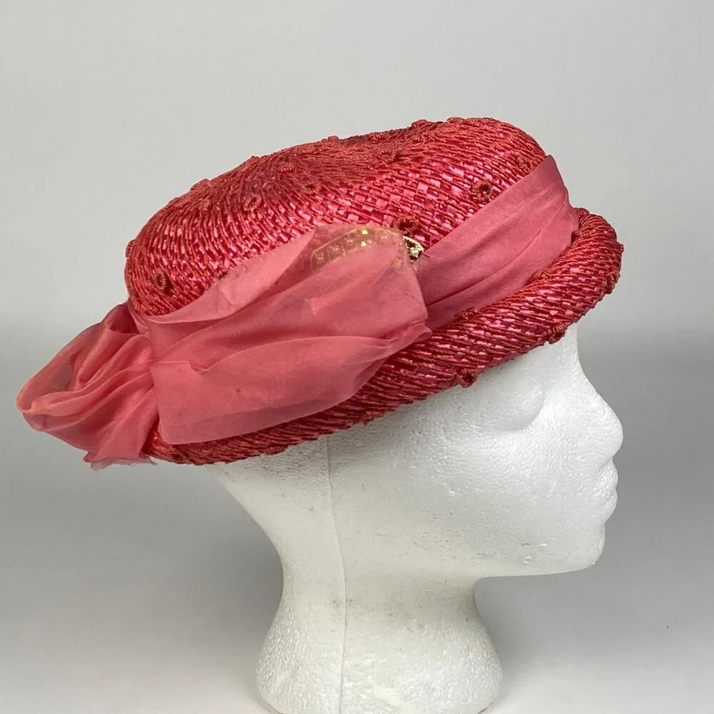 Vintage Lazarus Paris Pink Straw Raffia Hat Sheer Ribbon & Bow Accent Millinery